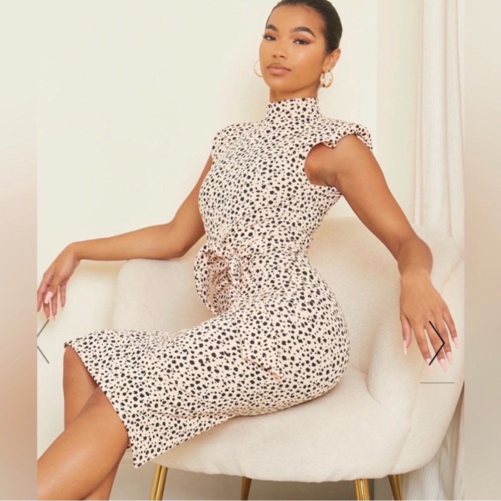NWT PrettyLittleThing Cream Black Midi Dress Bodycon Size 6